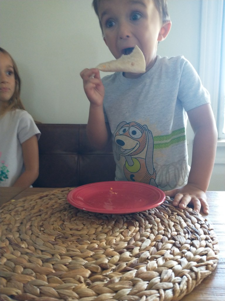 Little boy eating a taco